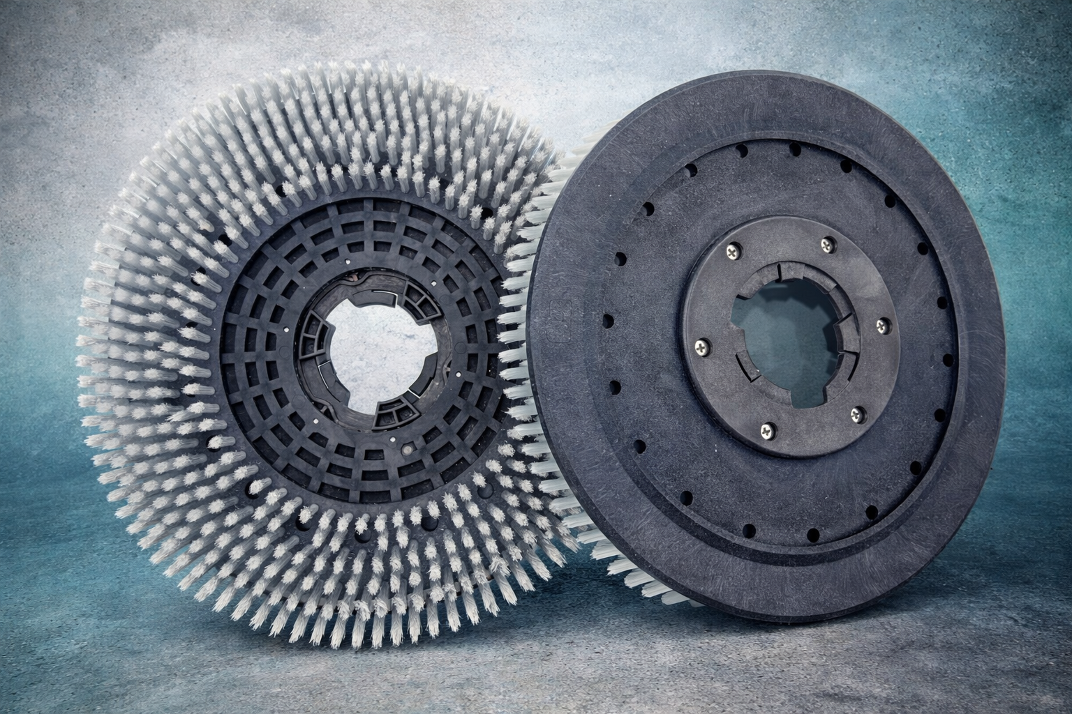 Two scrubber drums, one with bristles and one without, on a textured gray background.